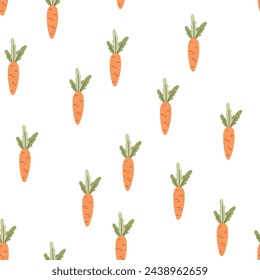 Cute seamless pattern with carrots. Vector hand drawn Easter illustration. Scandi style design. Fun spring background for wrapping paper, packaging, gift, fabric, wallpaper, textile, apparel.