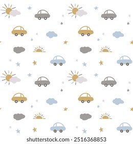 Cute seamless pattern with cars, sun and clouds in doodle style of white background. Flat hand drawn vector background for wrapping paper, children's merch, baby shower, fabric, textile. EPS10