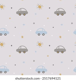 Lindo patrón sin fisuras con coches, sol y estrellas en estilo doodle de fondo de color pastel pálido. Fondo de Vector plano dibujado a mano para papel de embalaje, merch de los niños, baby shower, tela, textil