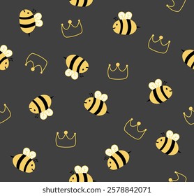 Cute seamless pattern cartoon animal with bee background Children's style hand-drawn design. Use for printing, wallpaper, gift wrapping, textiles.