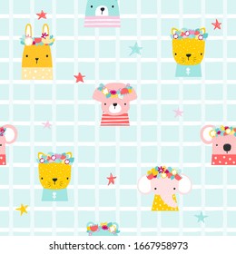 Cute seamless pattern with cartoon animals. Childish pastel print. Vector hand drawn illustration. 