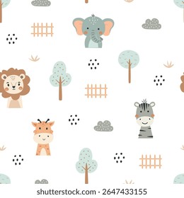 Cute seamless pattern with cartoon animals. baby and kids background. Cute safari animals. Lion, elephant, zebra, giraffe. For print, wrapping, scrapbooking, fashion, fabric, wallpaper