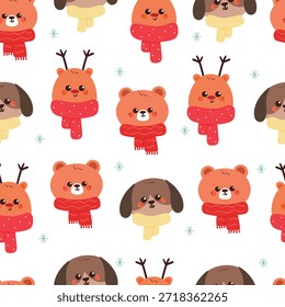 Lindo patrón sin fisuras animales de dibujos animados con elemento de invierno para Navidades y Fondo de pantalla de invierno