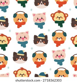 Lindo patrón sin fisuras animales de dibujos animados con elemento de invierno para Navidades y Fondo de pantalla de invierno