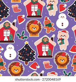 Lindo patrón sin fisuras animales de dibujos animados con Navidades elemento de dibujo para Navidades Fondo de pantalla y papel de regalo