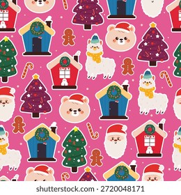 Lindo patrón sin fisuras animales de dibujos animados con Navidades elemento de dibujo para Navidades Fondo de pantalla y papel de regalo