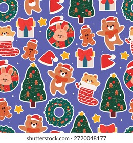Lindo patrón sin fisuras animales de dibujos animados con Navidades elemento de dibujo para Navidades Fondo de pantalla y papel de regalo