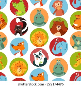 Cute seamless pattern with cartoon animals avatars. Vector illustration suitable for kids wrapping, poster, wallpaper 