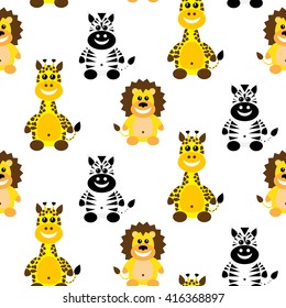 Cute seamless pattern with cartoon animals. Vector illustration suitable for kids wrapping, poster, wallpaper. Animals in color circles in white background. Flat design