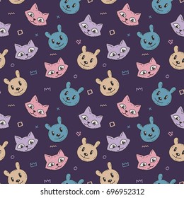 Cute seamless pattern with cartoon animals. Pattern with simple stylized characters in calm colors