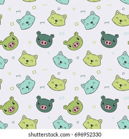 Cute seamless pattern with cartoon animals. Pattern with simple stylized characters in calm colors