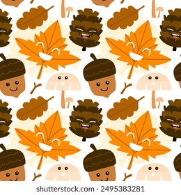 Cute seamless pattern with cartoon autumn leaves and pine cone picture