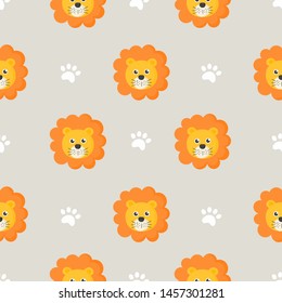 cute seamless pattern with cartoon baby lions for kids. animal on gray background. vector illustration. 