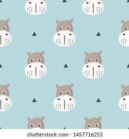 cute seamless pattern with cartoon baby hippo for kids. animal on blue background. vector illustration. 