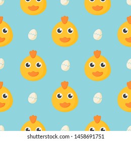 cute seamless pattern with cartoon baby chicken and egg for kids. animal on blue background. vector illustration. 