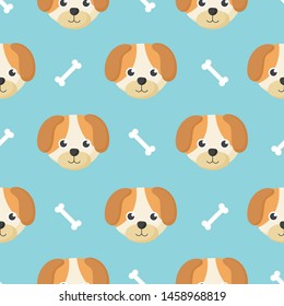 cute seamless pattern with cartoon baby dog and bone for kids. animal on blue background. vector illustration. 