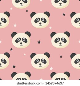 cute seamless pattern with cartoon baby panda and star for kids. animal on pink background. vector illustration. 
