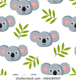 cute seamless pattern with cartoon baby koala and leaves for kids. animal on white background. vector illustration. 