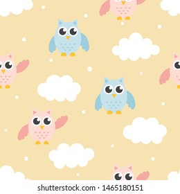 cute seamless pattern with cartoon baby owls and cloud for kids. animal on cream background. vector illustration. 