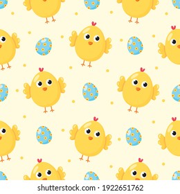 cute seamless pattern with cartoon baby chicken and egg for kids. animal on cream background. vector illustration. 