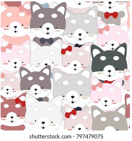 Cute seamless pattern cartoon baby Siberian husky puppy dog,fox wolf,bear,character funny and satisfied,happy animal by hand draw doodle comic style,lovely  set vector design