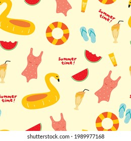 Cute seamless pattern with cartoon beach stuffs for fabric print, textile, gift wrapping paper. colorful vector for kids, flat style