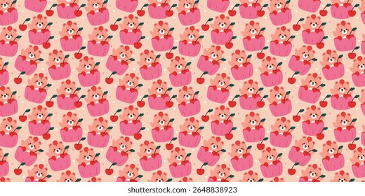 bonito padrão sem emenda desenho animado urso dentro cupcake e cereja para papel de parede desktop e fundo