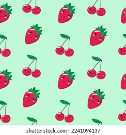 Cute seamless pattern with cartoon berries - cherry and strawberry. Vector illustration for cards, posters, flyers, webs and other use.