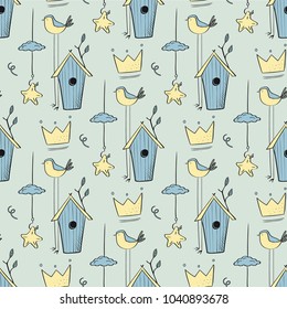 Cute Seamless pattern with cartoon birds, birdhouses and crowns made in vector. Modern hand drawn style. Good for greeting cards, children room decoration, etc.