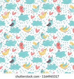 Cute seamless pattern with cartoon birds and clouds

