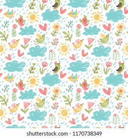 Cute seamless pattern with cartoon birds and clouds
