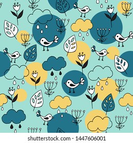 Cute seamless pattern with cartoon birds and clouds on blue background.
