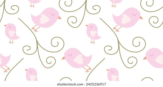 Cute Seamless Pattern with Cartoon birds and Flourish. Spring Vector Flat background in Pastel colors. Template for Wallpapers, Pattern fills, Web page Banner, Surface Textures, Fabric