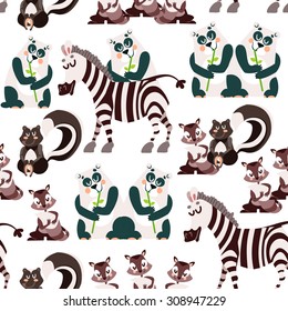 Cute seamless pattern with cartoon black and white animals:zebra,panda,raccoon and skunk. Vector illustration for kid design