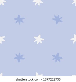 Cute seamless pattern with cartoon blue stars on light background. Stargazer. Simple Christmas holiday wallpaper. Design element for wrapping, card, t-shirt textile print, invitation, accessories