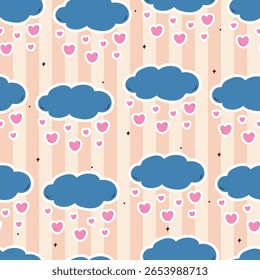 bonito padrão sem emenda desenhos animados nuvens azuis com chuveiro de coração. padrão bonito do elemento do céu em fundo de faixa rosa para papel de presente envoltório