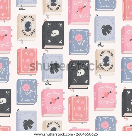 Cute seamless pattern with cartoon books. Hand-drawn texture with different vintage books' covers. Vector background for wrapping paper or textile