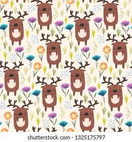 Cute seamless pattern with cartoon brown sketchy deers with antlers, childish flowers and grass. Funny summer hand drawn moose texture for kids design, wallpaper, textile, wrapping paper