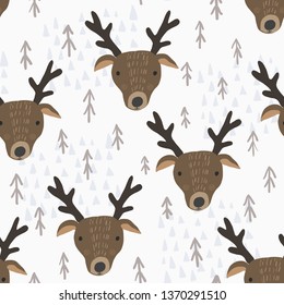 Cute seamless pattern with cartoon brown deers heads with antlers, brown fir trees and light blue mountains. Funny hand drawn moose texture for kids design, wallpaper, textile, wrapping paper