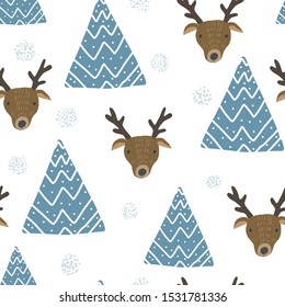 Cute seamless pattern with cartoon brown deers heads with antlers, blue fir trees and light snowflakes. Funny hand drawn moose texture for kids design, wallpaper, textile, wrapping paper