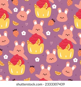 lindo conejito de dibujos animados sin costura con un postre lindo. papel pintado para los niños, textiles, papel de tela, papel de envoltura de regalo