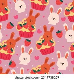 lindo conejito de dibujos animados sin costura con un postre lindo. papel pintado para los niños, textiles, papel de tela, papel de envoltura de regalo