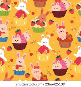 cute seamless pattern cartoon bunny with cute dessert. animal wallpaper for kids, textile, fabric print, gift wrap paper