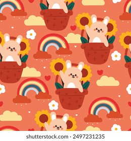 Conejito inconsútil lindo de la historieta del patrón dentro de una cesta de flores con el elemento del cielo y el cielo anaranjado Fondo de pantalla lindo para la impresión de la tela, papel del abrigo del regalo