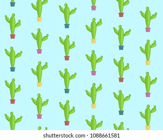 Cute seamless pattern with cartoon cactus and succulents. Nice texture with doodle cacti in colorful pots for textile, wrapping paper, surface, package design