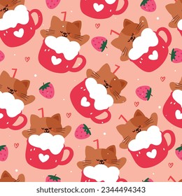 cute seamless pattern cartoon cat with cute dessert and strawberry. animal wallpaper for kids, textile, fabric print, gift wrap paper