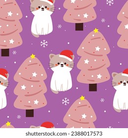 cute seamless pattern cartoon cat with tree in winter. cute animal wallpaper for gift wrap paper