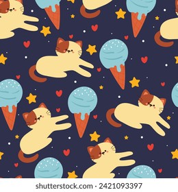 lindo patrón sin costura de gato de dibujos animados con un bonito postre y estrellas. papel pintado para los niños, textiles, papel de tela, papel de envoltura de regalo