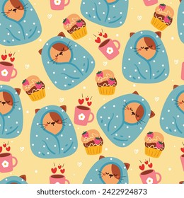 cute seamless pattern cartoon cat wrapped in blanket with dessert and hot chocolate. cute animal pattern for gift wrap paper
