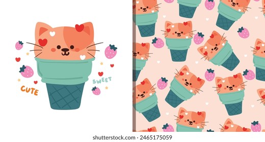 cute seamless pattern cartoon cat with cute dessert. cute wallpaper for kids, gift wrap paper. cute set of animal wallpaper and card